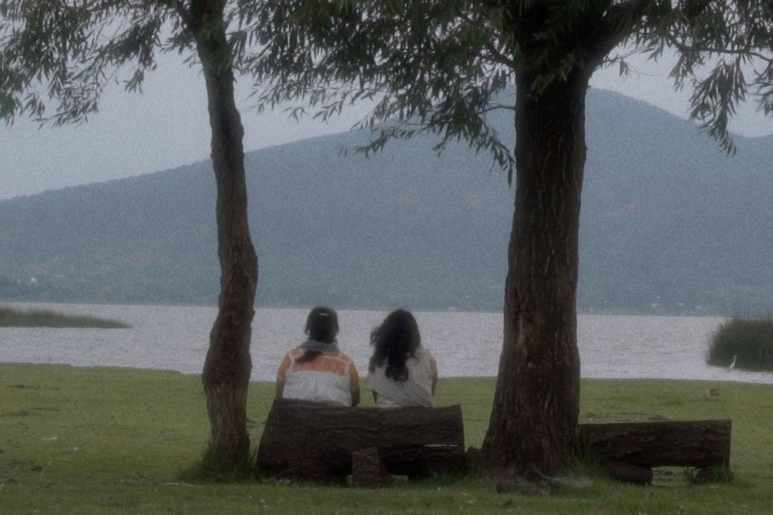 Two women sit on a log bench between two trees, facing away toward a lake and a mountain.