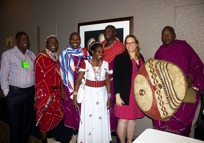 Paul Meliera, Benson Leyian, John Kamanga, Agnes Lunkat, Stephen Moiko, Sally Van de Water, and Johnson Ole Sipitiek at the intangible cultural heritage symposium. Photo by Akea Brown