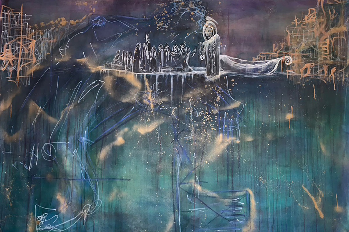 Abstract painting in deep blues, gold streaks, and white outlines of humanlike figures. The most prominent one looks like Death, carrying a scythe.