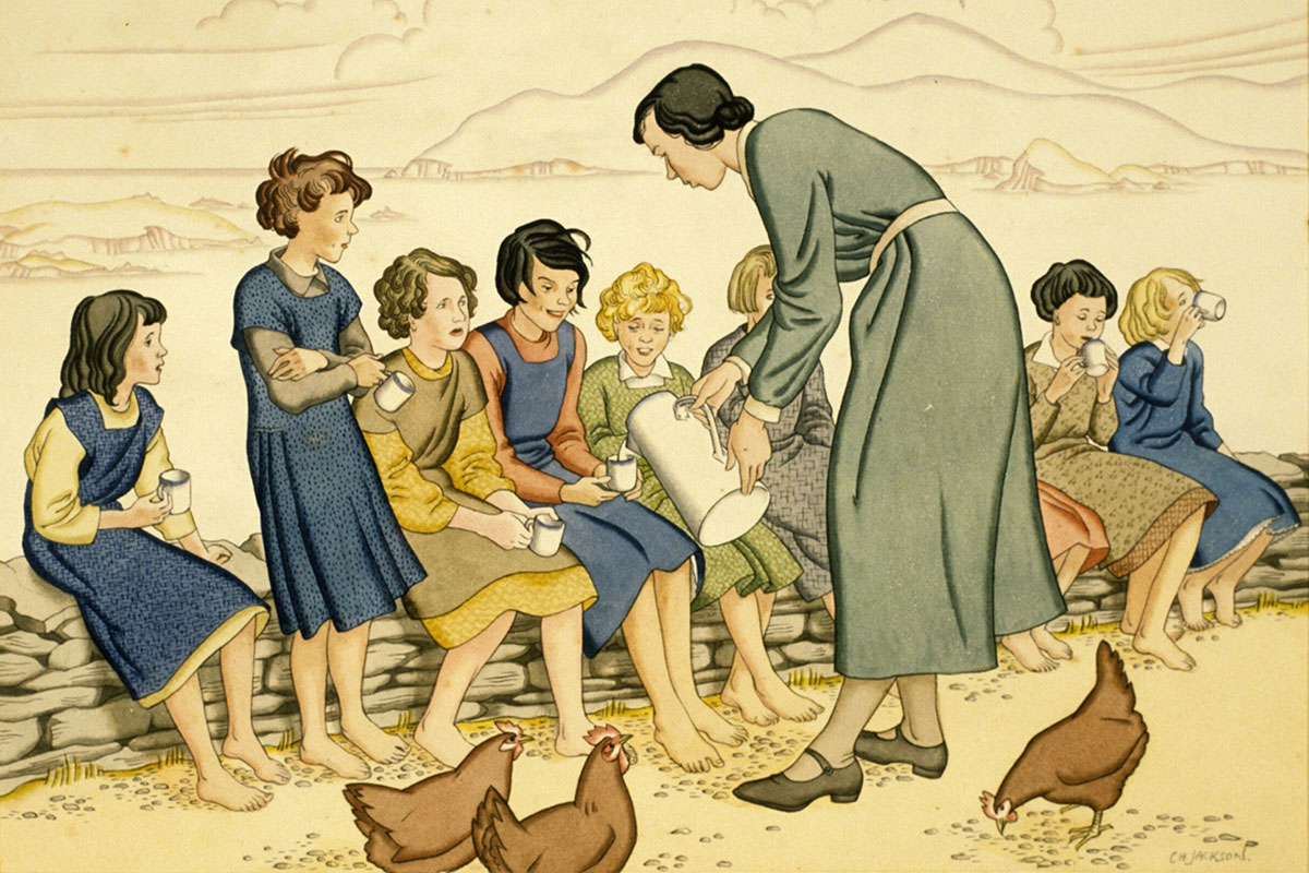 Drawing of a woman in long-sleeved dress pouring drinks from a pitcher for a line of seated schoolgirls. Three chickens peck at the grass in the foreground.