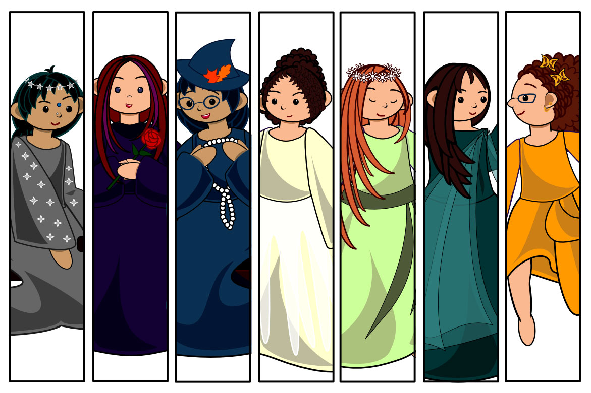 Digital illustration in cartoon-style of seven women dressed in different colors and ornaments: gray with a sparkly star tiara; purple with a rose; blue with autumn leaves in her hat; cream with white lace; green with a flower crown; jade green with a shawl; and golden yellow with butterfly hairclips.