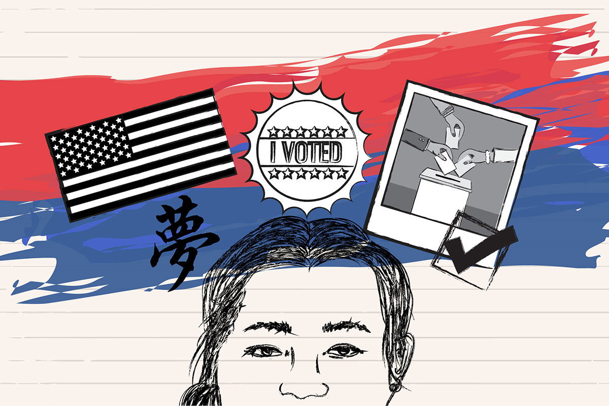 Digital illustration of an Asian American with an American flag, I Voted Sticker, the Chinese character for "hope," and a Polaroid of a ballot box above her head.