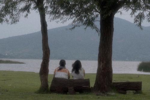 Two women sit on a log bench between two trees, facing away toward a lake and a mountain.