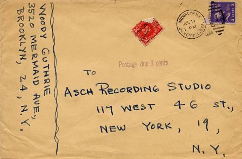 Original letter, undated, from Woody Guthrie to Moses (Moe) Asch and Marion Distler; typed, Hotel Lincoln letterhead, signature, request for catalogues. Original envelope, 7/31/1946, Woody Guthrie to Asch Recording Studio, manuscript.