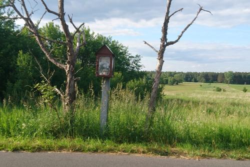 A small roadside shrine, similar in size and appearance to a mailbox or bird house, with green trees and fields behind.