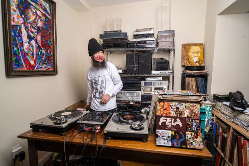DJ performance in a record store.