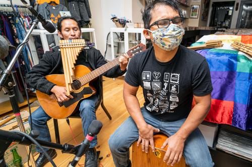 Live band performance in a record store.