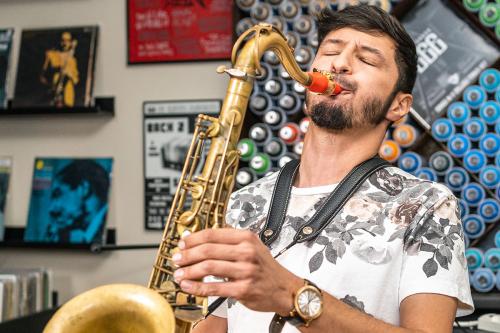 Live band performance in a record store.