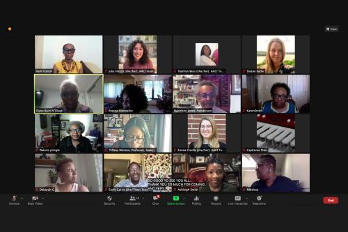 Nine people appear in sixteen squares on a Zoom call. Five of the squares contain photographs of people whose cameras are not on.