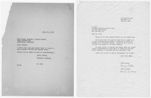 Two typed letters side by side. On the left, short note from M. Asch to Miss Hazel Dickens & Alice Foster, dated July 10, 1963. It reads, Dear People: I like you tape and would like to issue it upon payment of 20 cents per record sold. Please let me know 
