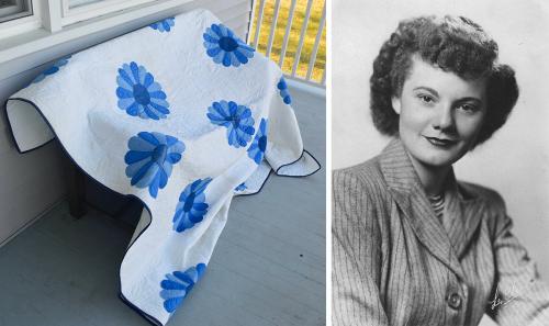 Two photos side by side. On the left, a white quilt with blue flowers draped over a bench. On the right, black-and-white portrait of a woman with short curly hair.
