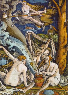 Colored illustration of nude women behaving as witches: flying on a goat with a broom and kettle, raising a platter, and tending to a pot or cauldron.