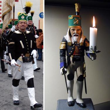 Two images side by side: on the left, a man dressed in a black uniform with green feathered hat. On the right, a wooden toy figurine with a similar costume, holding a lit candle in one hand.