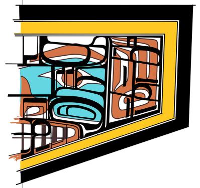 Digital sketch of a woven robe pattern, pentagonal shape in black, gold, turquoise, and earthen red.