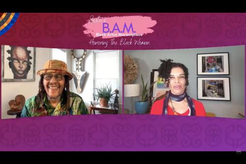 A man and woman sit in separate squares on a purple background in a screenshot of a video. On the purple background is printed “Sista’s B.A.M. Black Artist Marketplace Honoring The Black Woman.