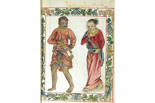 Illustration of a dark-skinned man and lighter-skinned woman in red tunic and dress, with a border of green plants and animals. 