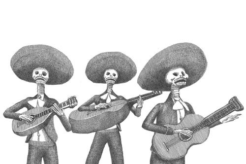 Black and white illustration of three skeleton figures in mariachi costumes playing three different sizes of guitar-like instruments.