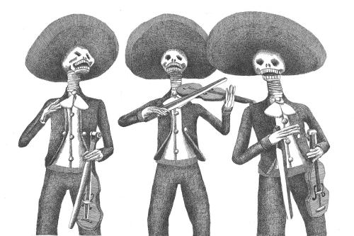 Black and white illustration of three skeleton figures in mariachi costumes playing violins.