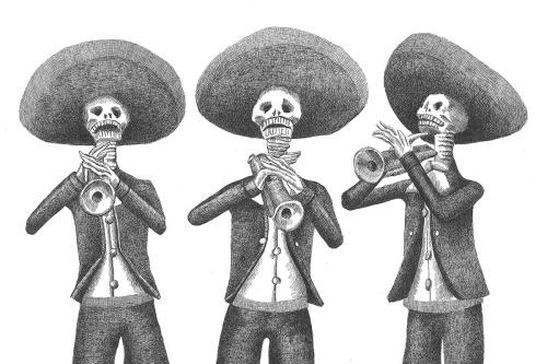 Black and white illustration of three skeleton figures in mariachi costumes playing trumpets.
