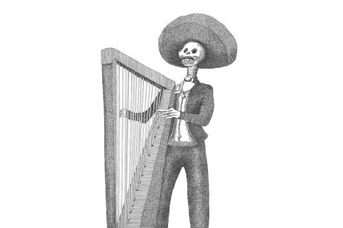 Black and white illustration of a skeleton figure in mariachi costume playing a harp.