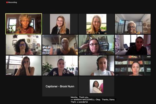 A group of fourteen squares with participants in a Zoom call. Many people look directly out in front of gray, white, green and brown backgrounds in home settings.