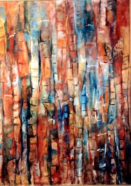 Abstract painting reminiscent of palm trees, with the shapes of noched slender tree trunks rising across the canvas in reddish brown and blue hues.