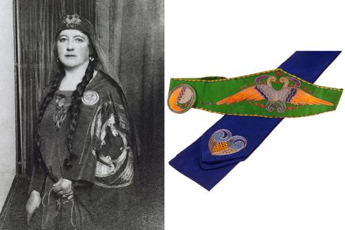 Two images side by side. On the left, old black and white photo of a woman posing in a long dress and thick braids. On the right, a blue and green fabric belt adorned with embroidery of birds.