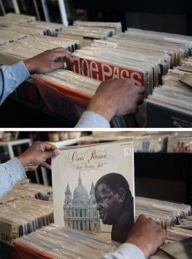 Two images: on top, closeup on two hands flipping through records on a shelf. Below, they hold up a record by Oscar Peterson.