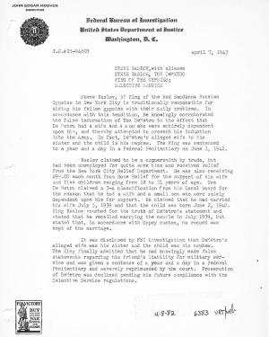 Typewritten letter with FBI letterhead, dated April 7, 1943. Abbreviated text: STEVE KASLOV, with aliases STEVE KASLOE, TOM DeMETRO KING OF THE GYPSIES. Steve Kaslov, 55 King of the Red Bandanna Russian Gypsies in New York City is traditionally responsibl