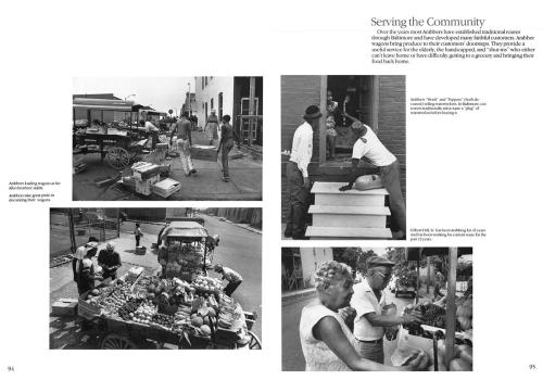 Two-page spread of a photo essay in a book. Four black-and-white photos of people selling and buying fruit from a horse-drawn cart. Subtitle: Serving the Community.