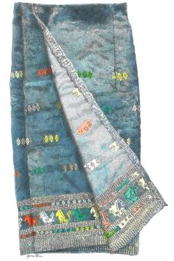 Detailed illustration of a navy blue wrap skirt embroidered with diamond and animal patterns.