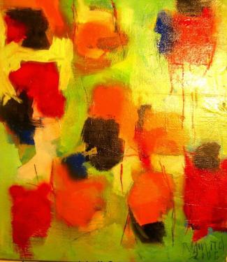 Abstract painting with patches of spring green, yellow, orange, red, and black.