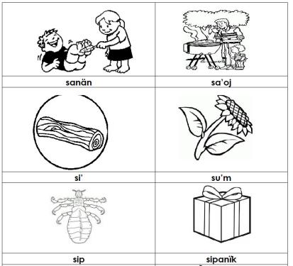 Four images in a grid with the Kaqchikel words describing each: a child tickling another’s feet with a feather (sanän), a person barbecuing (sa’oj), a log (si’), and a sunflower (su’m).