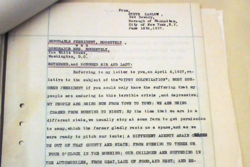Typewritten letter: From STEVE KASLOV, 208 Bowery, Borough of Manhattan, City of New York, N.Y. June 18th, 1937. HONORABLE PRESIDENT ROOSEVELT and HONORABLE MRS. ROOSEVELT, The White House, Washington, D.C. ESTEEMED, and HONORED SIR AND LADY, Referring to
