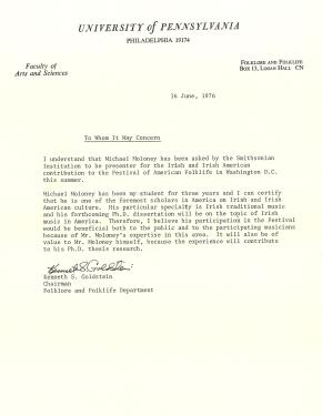 Reference letter for Mick Moloney