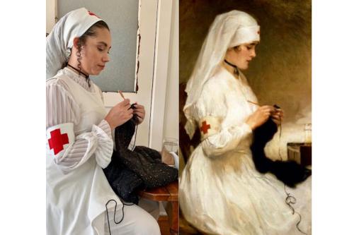 A side-by-side photo of a young Black woman wearing a white nurse's uniform, with long sleeves and skirt and a red cross armlet, next to a drawing of a white female nurse wearing a nearly identical uniform. Both women knit with dark black yarn. The photo 