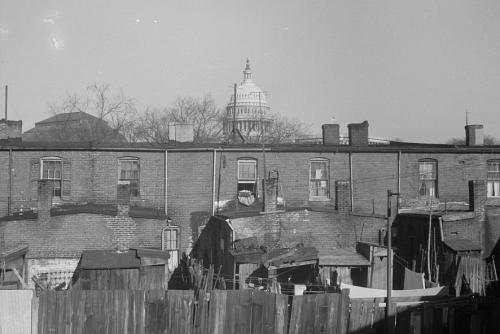 Brick rowhouses with shoddy wooden fences around them, with the white Capitol Building dome looming in the background.
