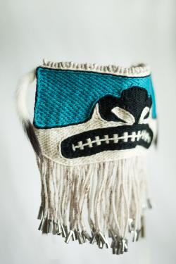Close-up of white woven face mask, designed like the lower half of a half of a face, with turquoise cheek bones and black skeletal nose and mouth. White fringe hangs from the bottom.
