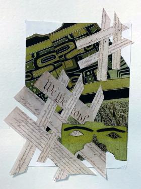 Collage artwork of strips of paper with the U.S. Constitution and Alaskan Native motifs. “We the People” stands out.