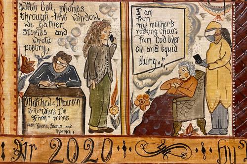 Detail from the painting, depicting Matthew & Maureen. Script reads: “With cell phones through the window, we gather stories and wrote poetry.” A speech bubble above an elder woman reads: “I am from my mother’s rocking chair. From cod live oil and liquid 