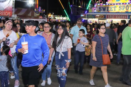 People of all ages walk through the booths and concessions of a carnival at night.