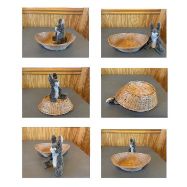 A series of six photos illustrates a grey, toy rabbit and a hand-woven basket arranged in different positions.