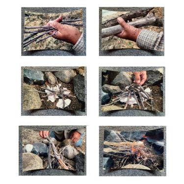 A series of six photos shows a persons hands collecting and arranging wood to build a small fire.