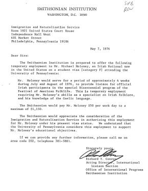 Mick Moloney letter to Immigration and Naturalization Services