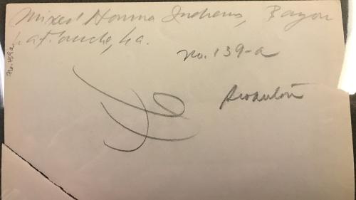Reverse of the previous photo with torn edge. Handwritten in script: Mixed Houma Indians, Bayou LaFourche, La. No. 139-a. Swanton.