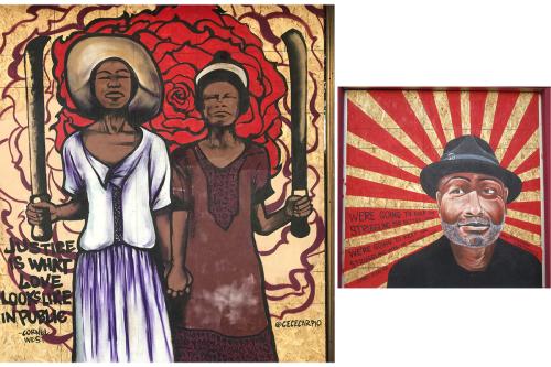 Two  murals: one of two Black people holding hands, each holding a weapon, with a red rose pattern behind them, and another of a Black man smiling, radiating red rays behind him, and text: We're going to keep on struggling for better days ... until we win
