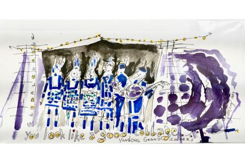Painting of the ensemble performing on stage.