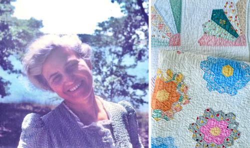 Two photos side by side. On the left, a woman with gray hair smiles, a lake and trees behind her. On the right, close-up of quilt with hexagon shape pattern resembling flowers.