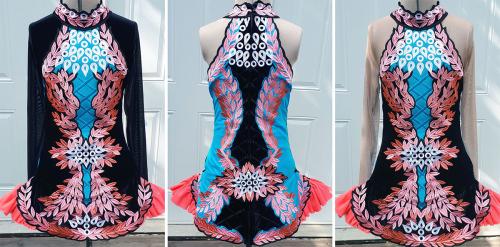 Three images variations of the same dress: with long black sleeves, with no sleeves, and with nude sleeves. The design features pink and blue floral leaf/feather patterns.
