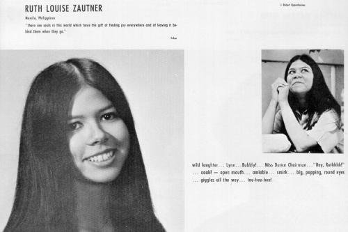 Excerpt of a yearbook page, with two black-and-white portraits of a young woman with long, dark hair, and her name: Ruth Louise Zautner.